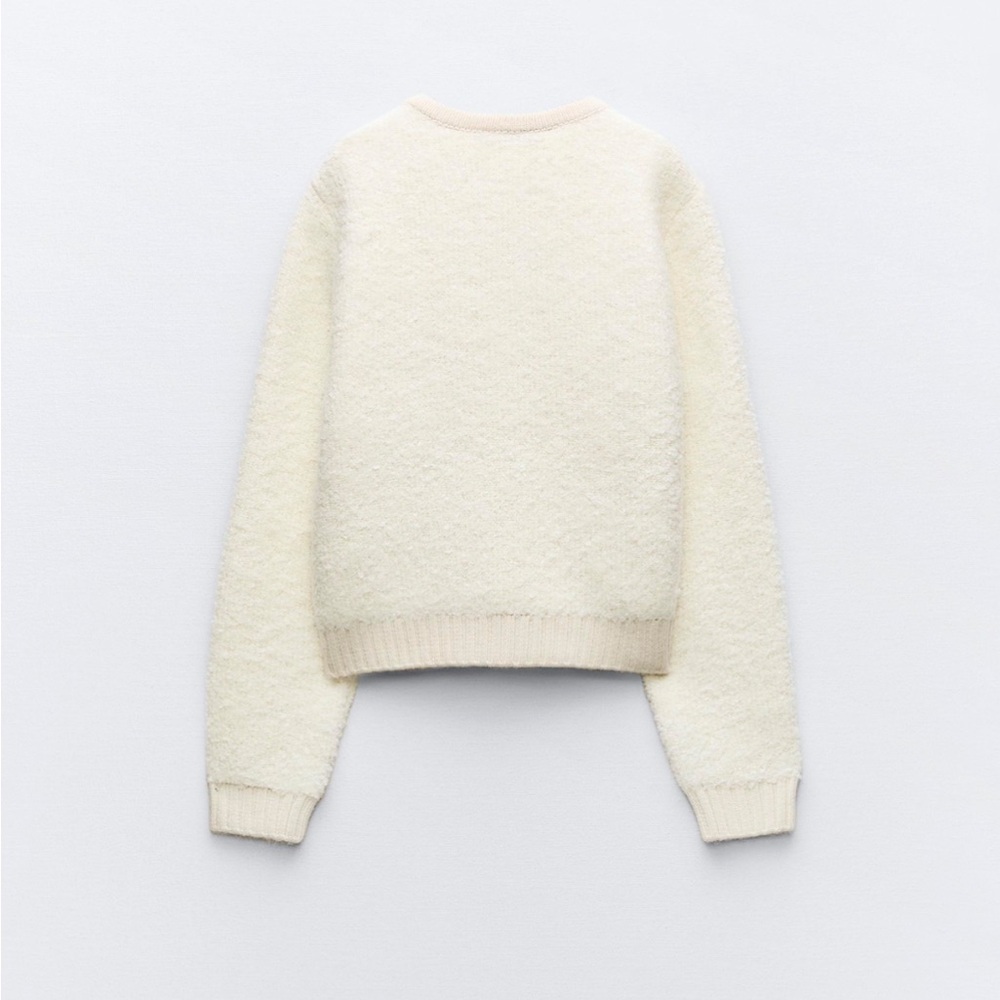 Zara BOUCLE knit cardigan sweater and bandeau set small ecru fuzzy teddy gold - Picture 5 of 13